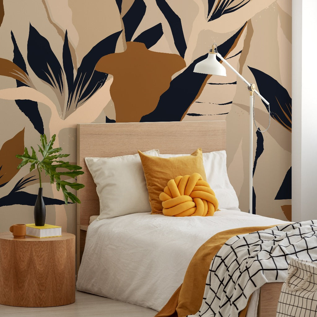 Bedroom boho style with s Abstract Exotic Jungle wallpaper mural