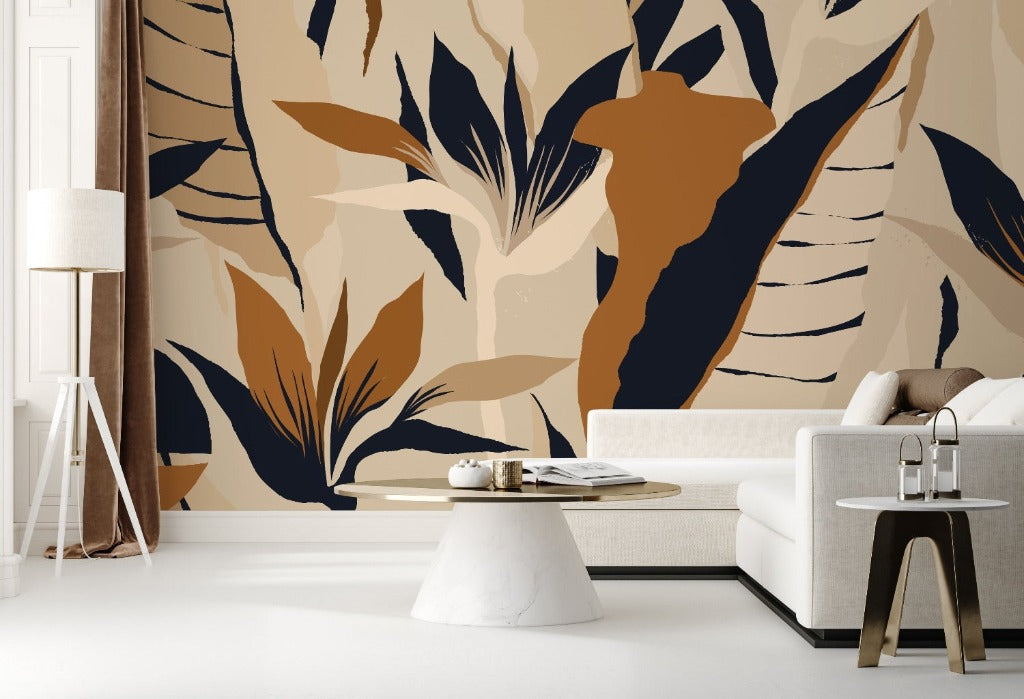 Living Room with a tropical and neutral style in the back wall a Abstract Exotic Jungle wallpaper mural