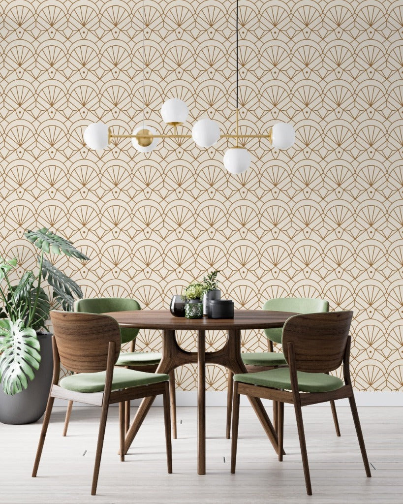 Dining Room with a boho, retro style and an amazin clastic wallpaper with a geometrical pattern 