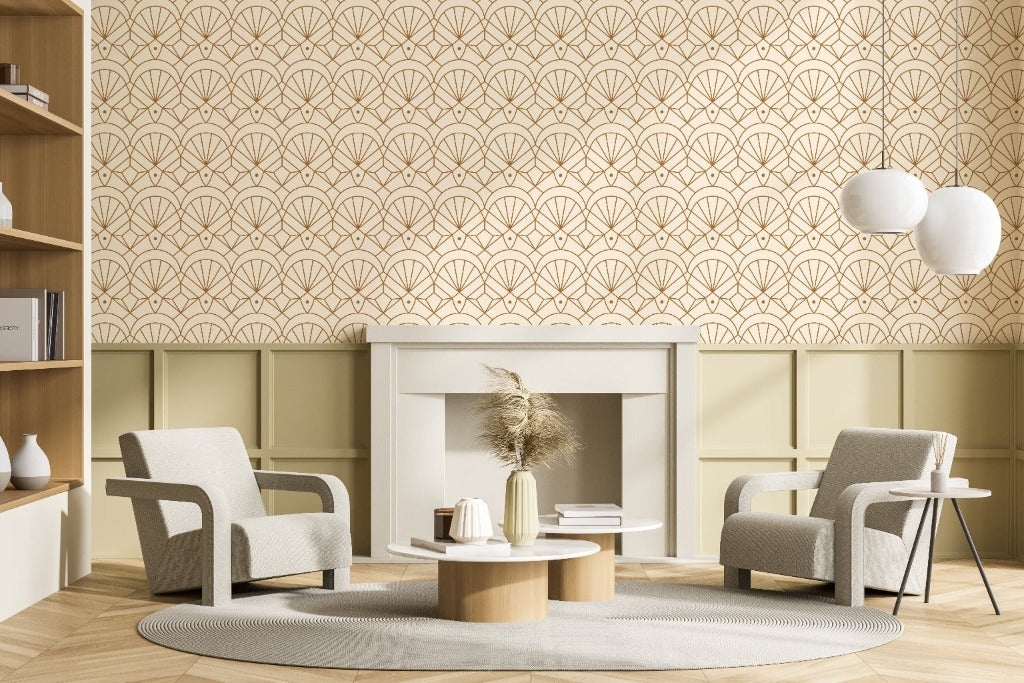 An abstract geometric wallpaper mural featuring a dynamic composition of shapes and lines, adding a contemporary and artistic touch to any space