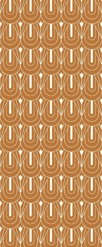 Decor2Go Wallpaper Mural’s Vintage Abstract Geometry Wallpaper Mural features a brown and white Art Deco pattern with U-shaped arches, dots, and stylized tulips in symmetrical rows—perfect for a vintage-inspired space.