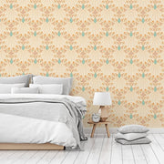 Bedroom - Model Bedroom with a turquoise and light coral wallpaper