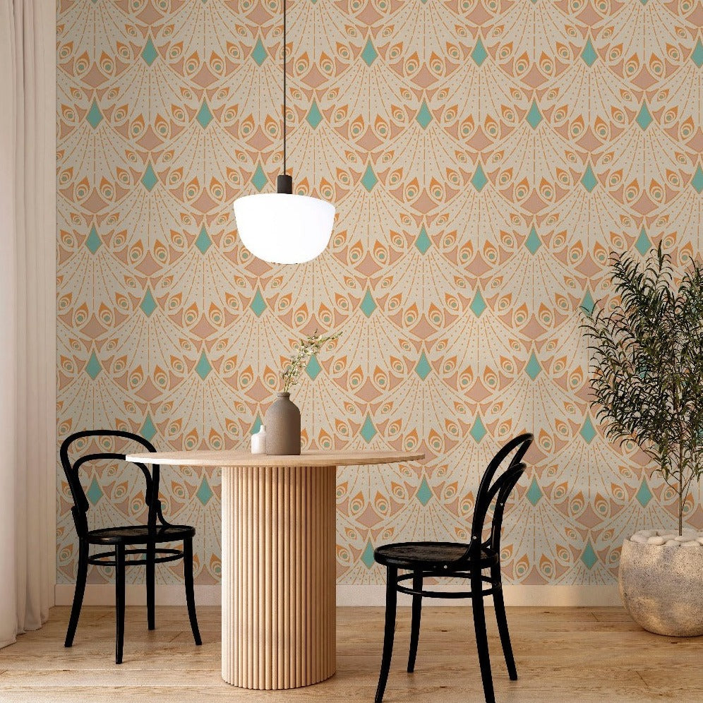 Boho decor diner room and soft orange and aqua wallpaper