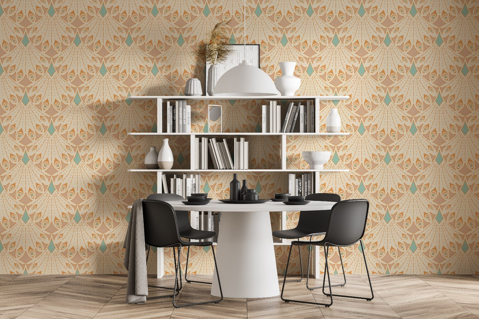 Dining Room - A modern dining room featuring a round white table with two black chairs, a white shelf with various decorative items, and an Abstract Geometry V Wallpaper Mural from Decor2Go Wallpaper Mural.