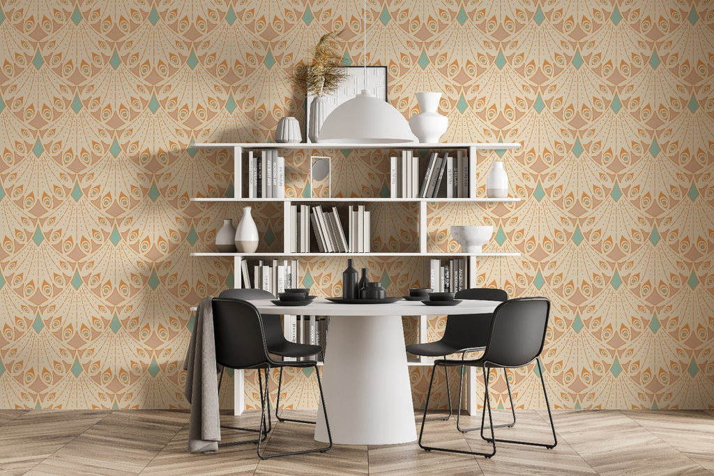 A modern dining room featuring a round white table with two black chairs, a white shelf with various decorative items, and an Abstract Geometry V Wallpaper Mural from Decor2Go Wallpaper Mural.