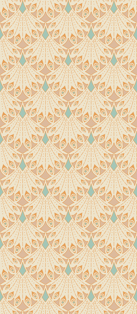 An intricate geometric pattern featuring stars and floral motifs in shades of gold, beige, and light blue on a seamless background of Decor2Go Wallpaper Mural.