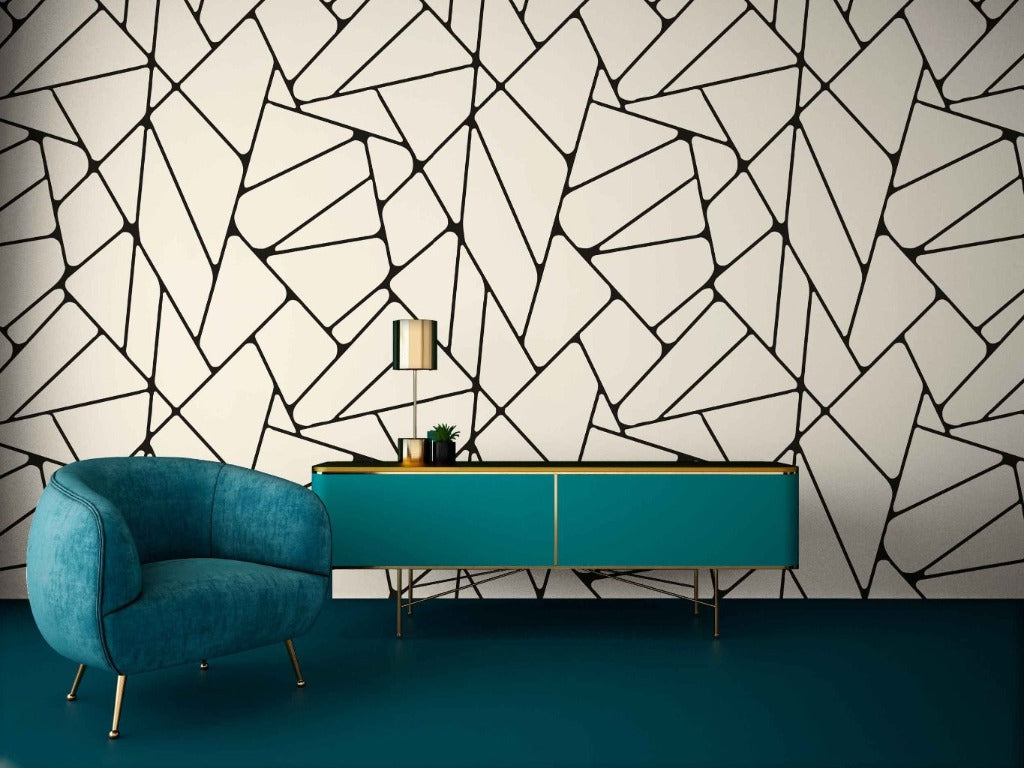 Green Living room with geometric walpaper