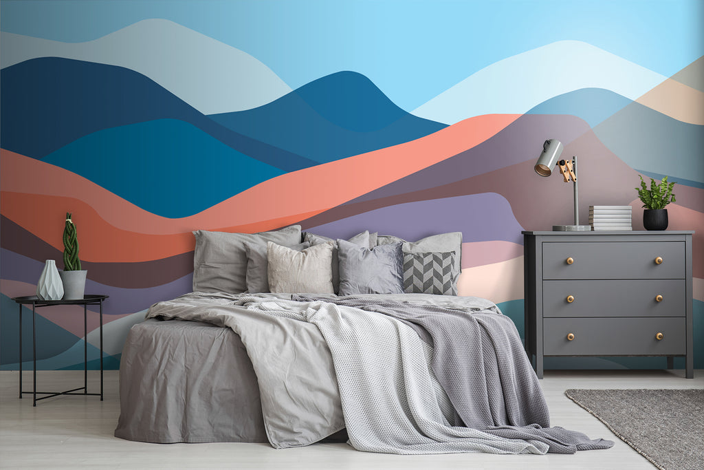 Modern bedroom in greys with a soft color wallpaper  with a abstract mountains shape