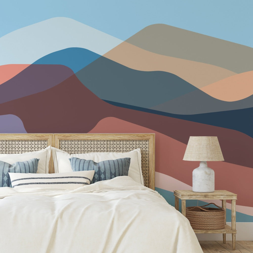 Bedroom with earth colours and  amazing abstract mountain wallpaper