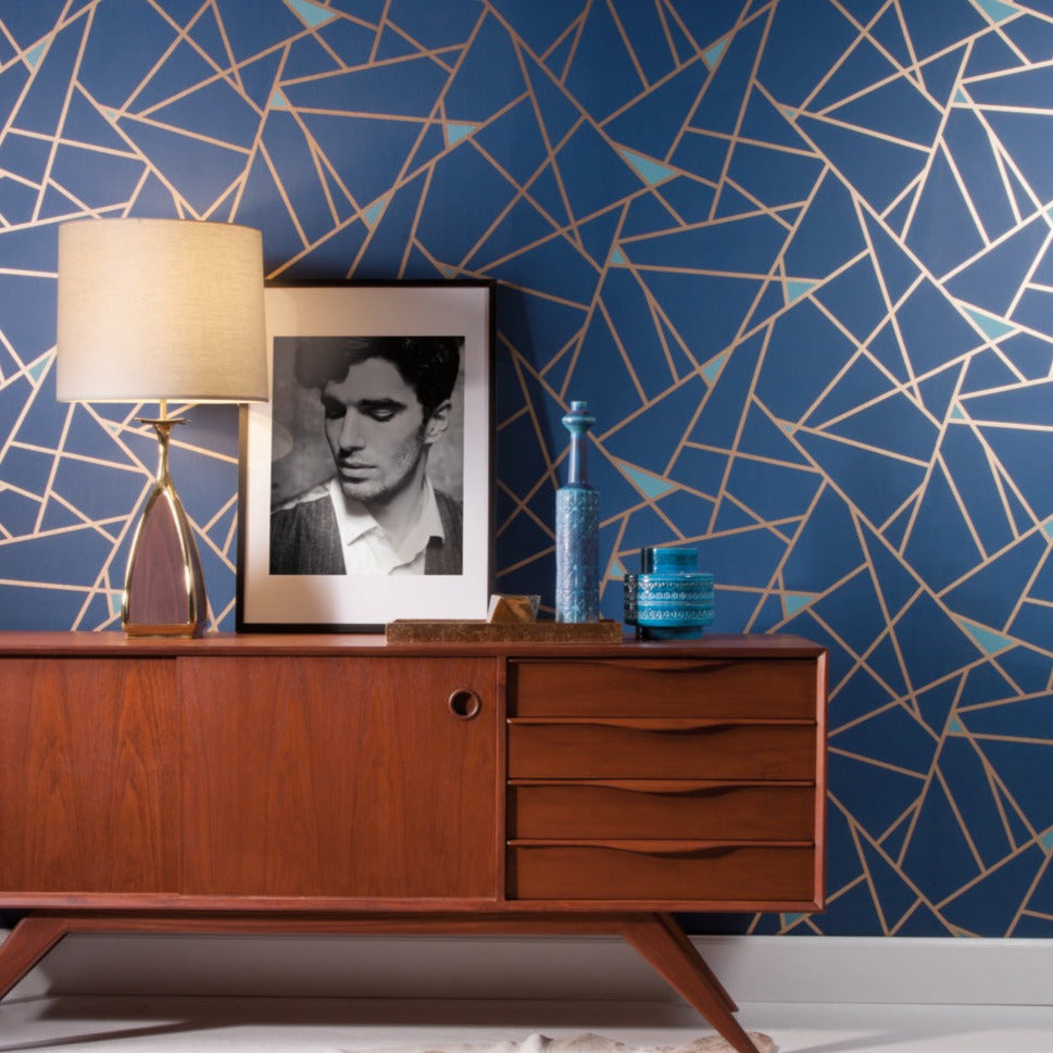 Retro Foyer house entry with a elegant and luxury blue wallpaper 
