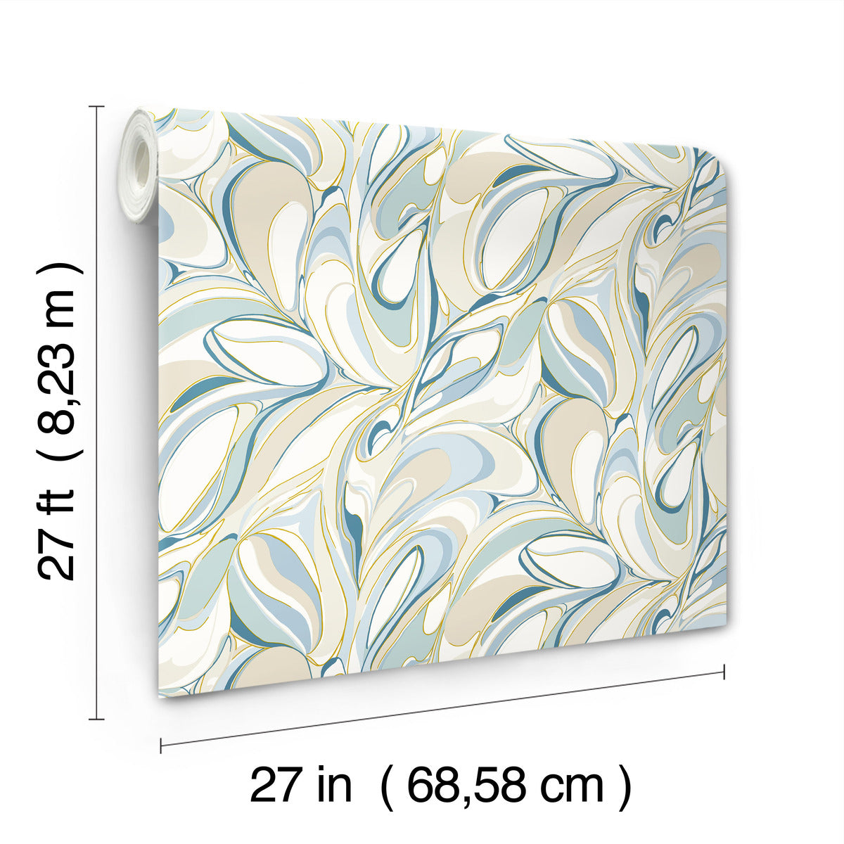York Wallcoverings’ Achate Blue Wallpaper features an abstract marbled swirl pattern in blue, beige, and white with metallic gold accents. Each roll covers 60 sq ft and measures 27 feet long by 27 inches wide.
