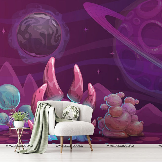 Grey chair with purple cartoon alien landscape planet