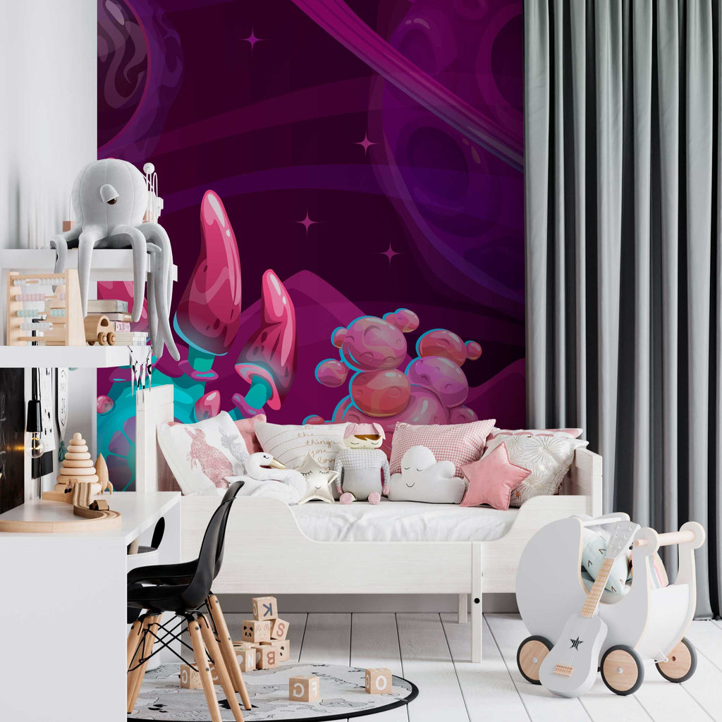 Nursery Bedroom with a purple space wallpaper