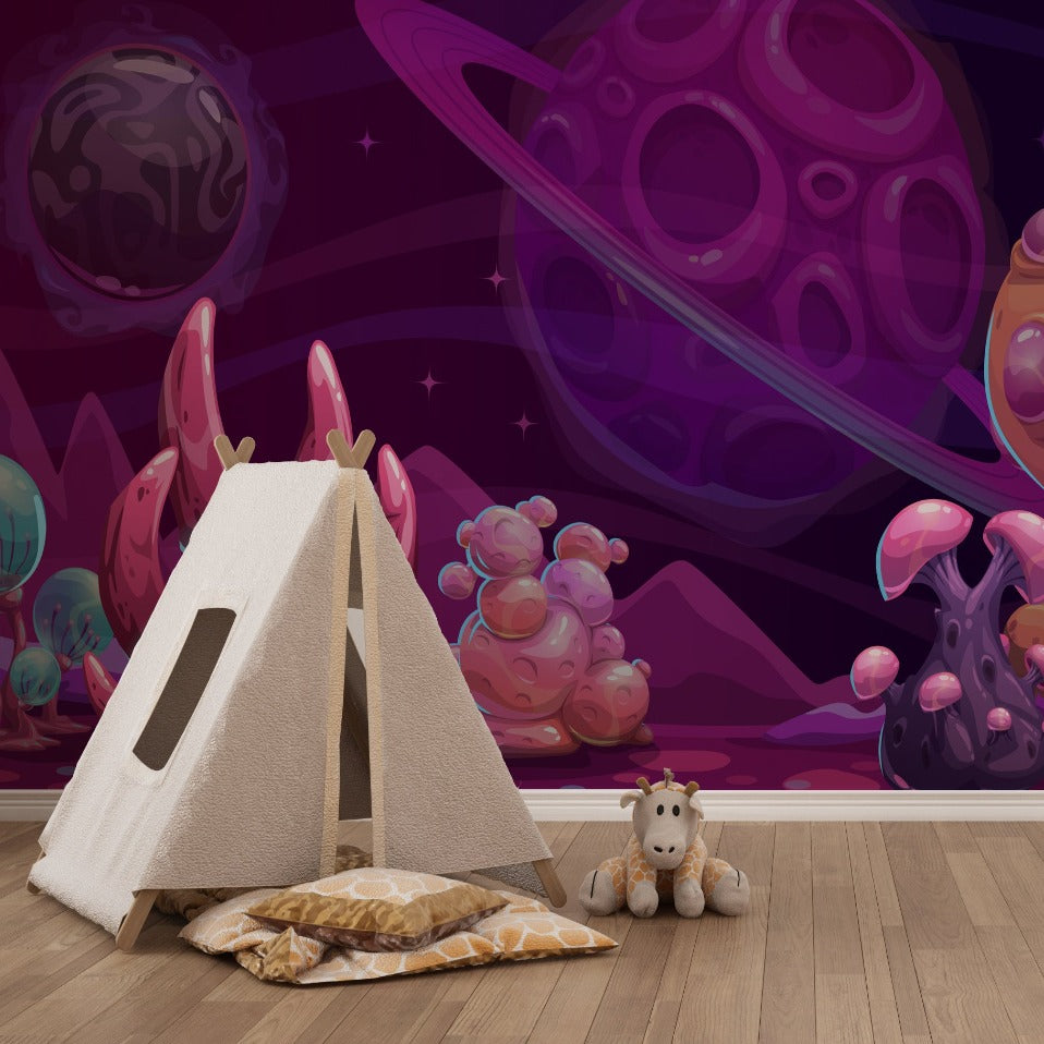 Play room with tipi and purple spatial planet wallpaper mural