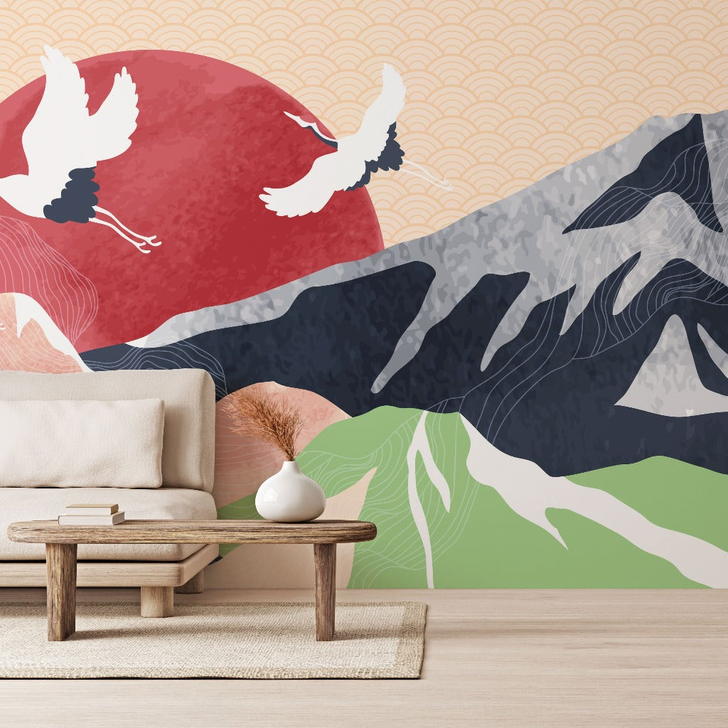 Living room asian wallpaper with mountains and birds