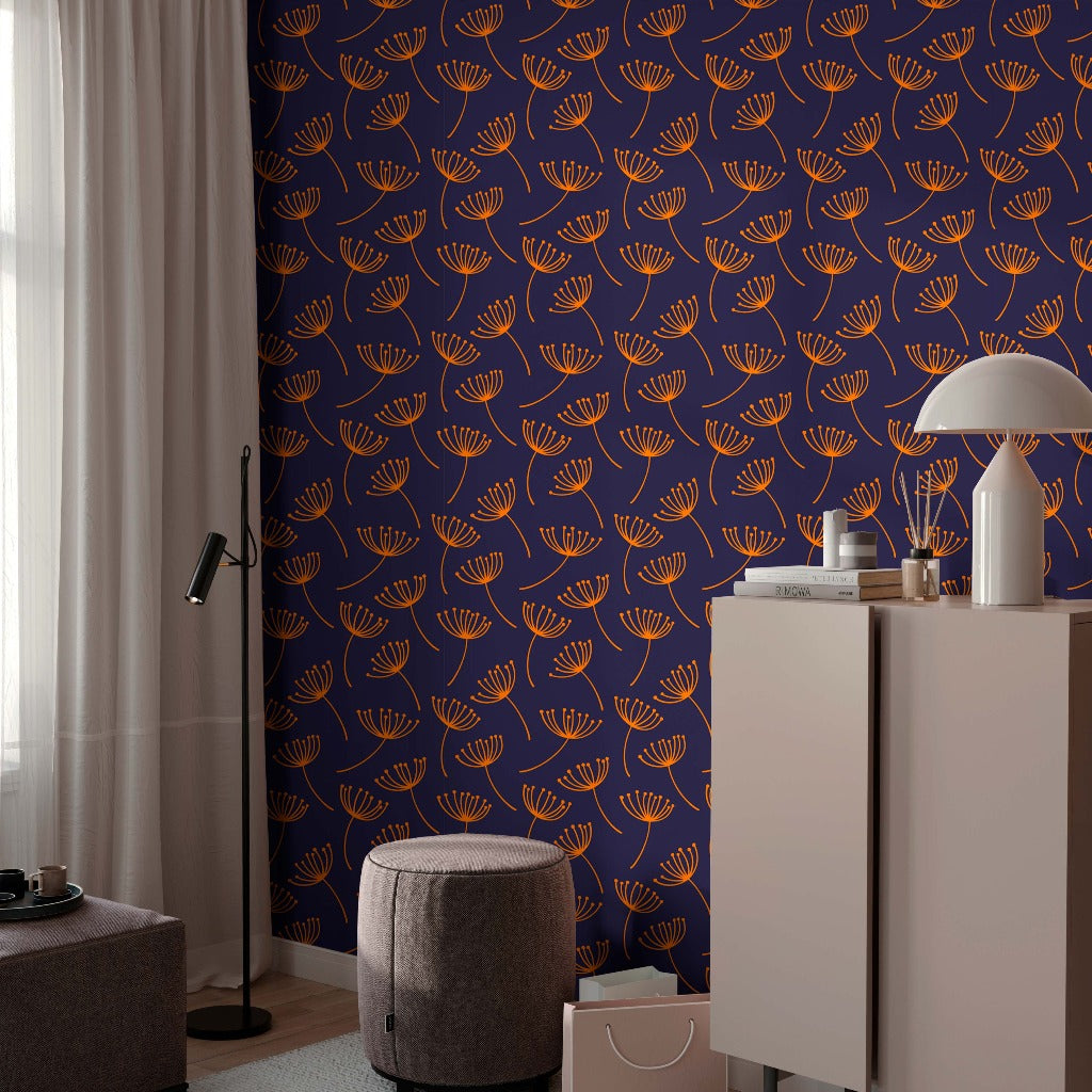 Living room with pattern wallpaper dandelions