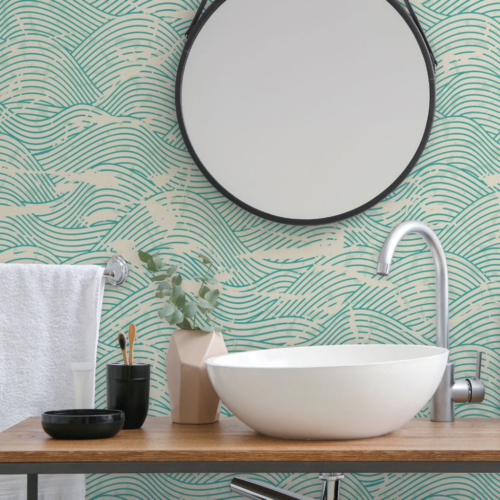 Bathroom counter and waves pattern mural