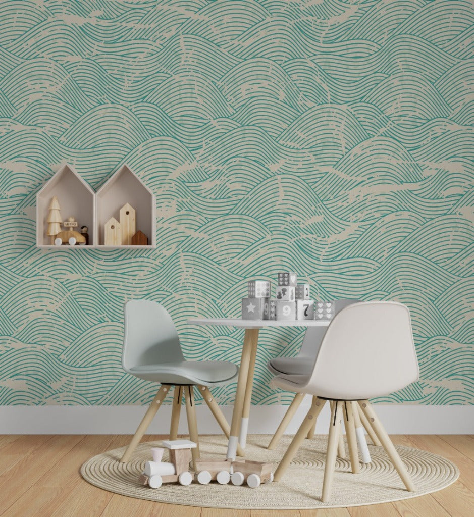 Kids room soft creative blue and green waves wallpaper
