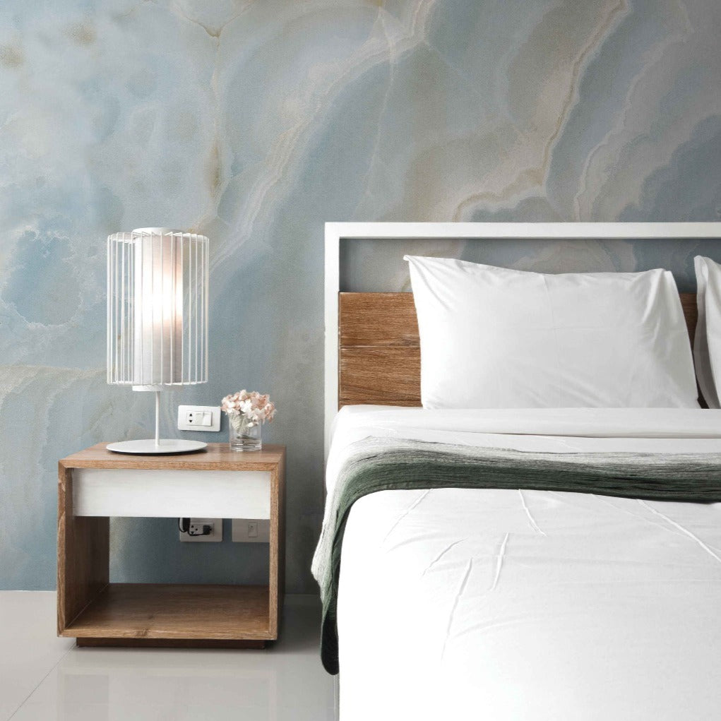 Tranquil bedroom decoration with an amazing blue marble wallpaper