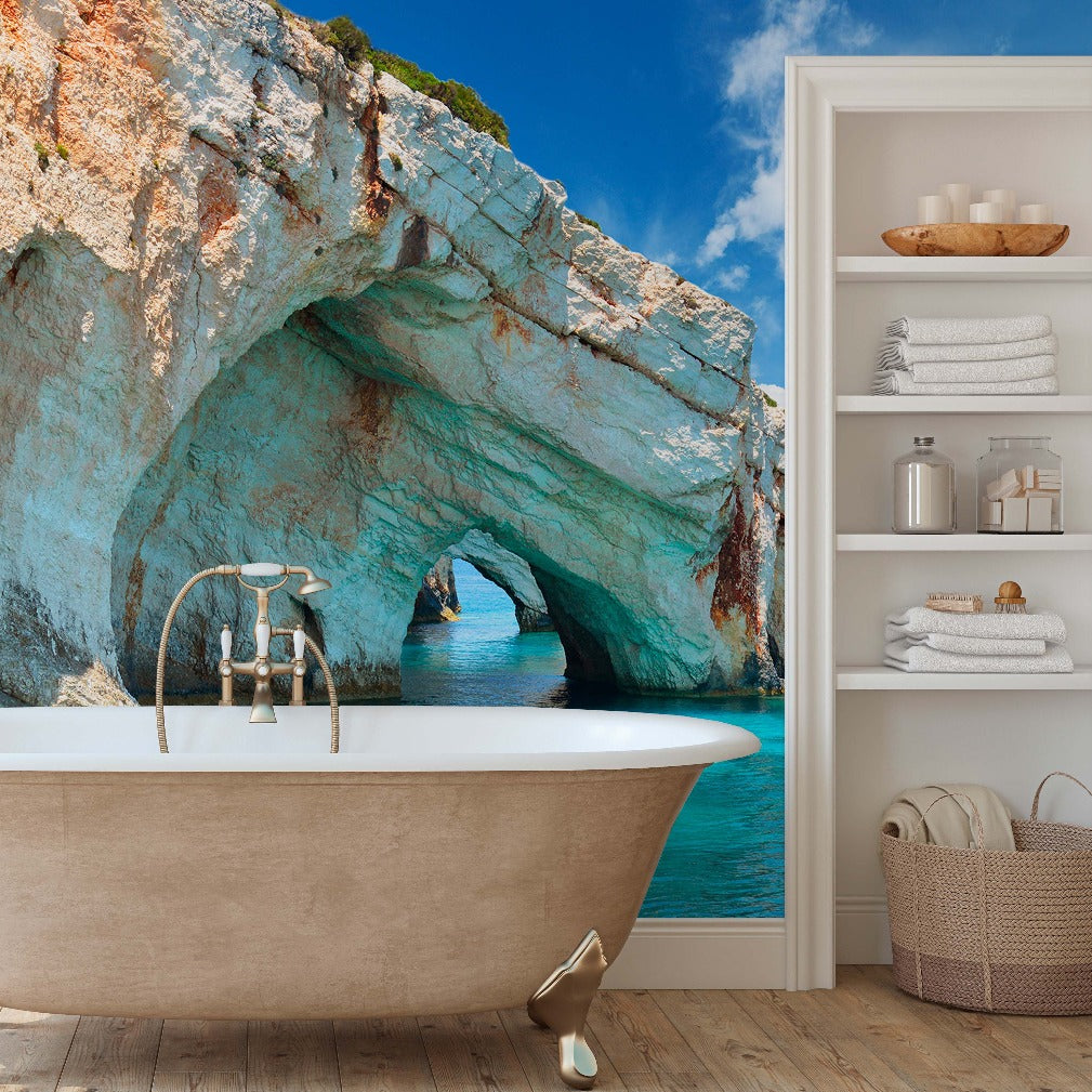 Standalone bathtub in a beautiful ocean view wallpaper mural