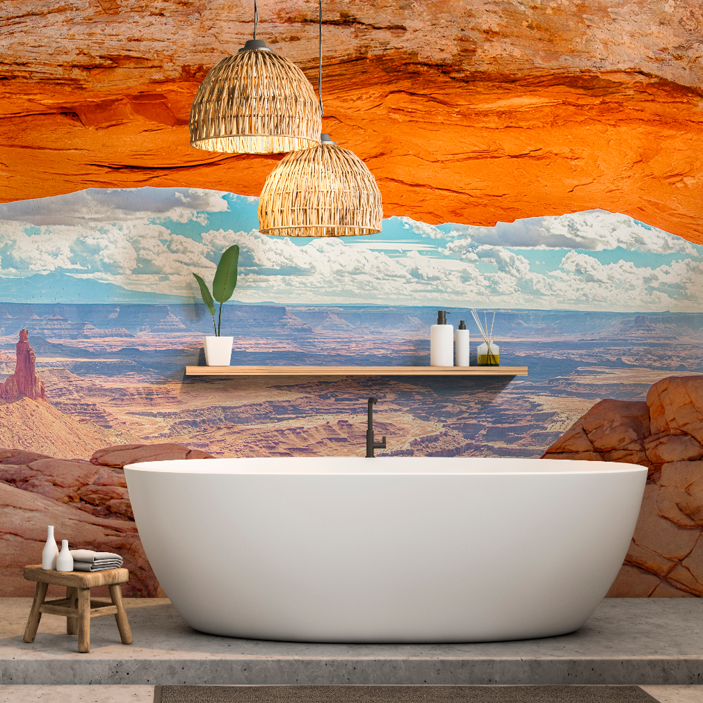 Bathroom with a warm decoration and an amazing view of the canyon in a mural wallpaper 