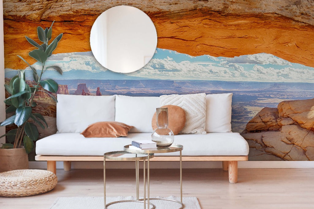 Boho Living room with an unbelievable view of the canyon  wallpaper mural