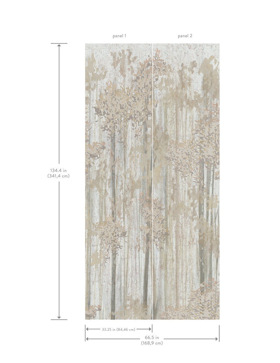 The Aspen Grove Beige Wallpaper Mural by York Wallcoverings features two vertical panels that create a muted botanical wall, together measuring 134.4" H x 66.5" W (each panel is 32.25" W). Measurements are labeled on the mural.