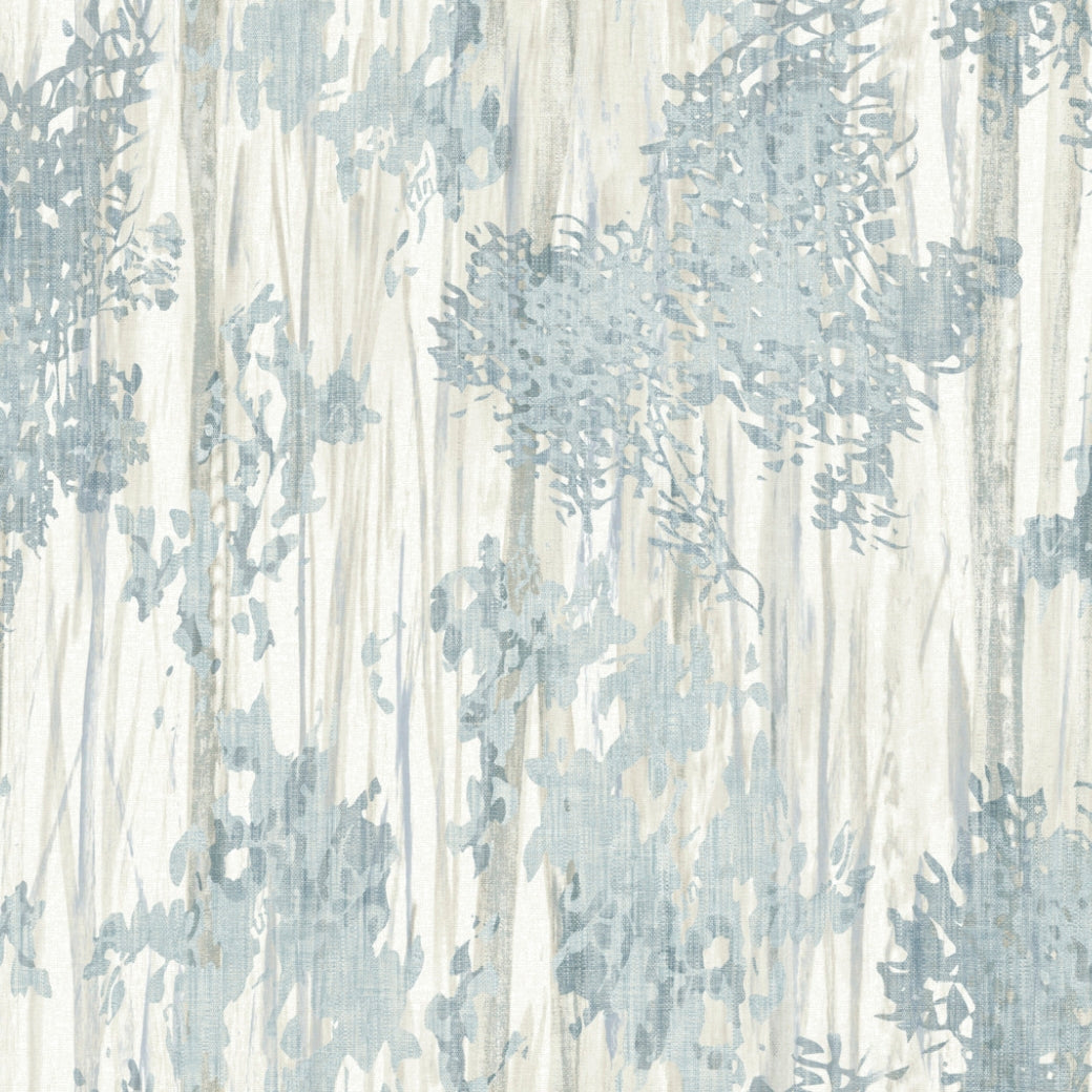 York Wallcoverings’ Aspen Grove Blue Wallpaper (60 SqFt) features a watercolor effect with vertical beige and gray streaks plus blue-gray leafy shapes, creating a soft, textured, nature-inspired botanical backdrop.