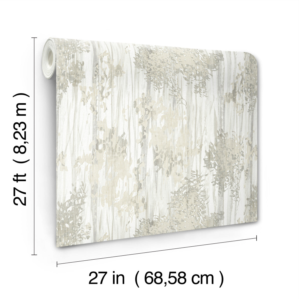The Aspen Grove Grey Wallpaper by York Wallcoverings covers 60 sq. ft. and features a beige and white abstract botanical design, displayed here against a white background.