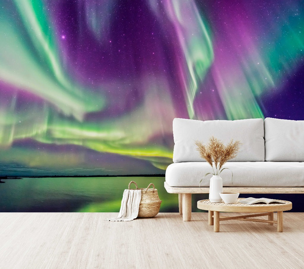 Aurora Wallpaper Mural in the living room with white sofa