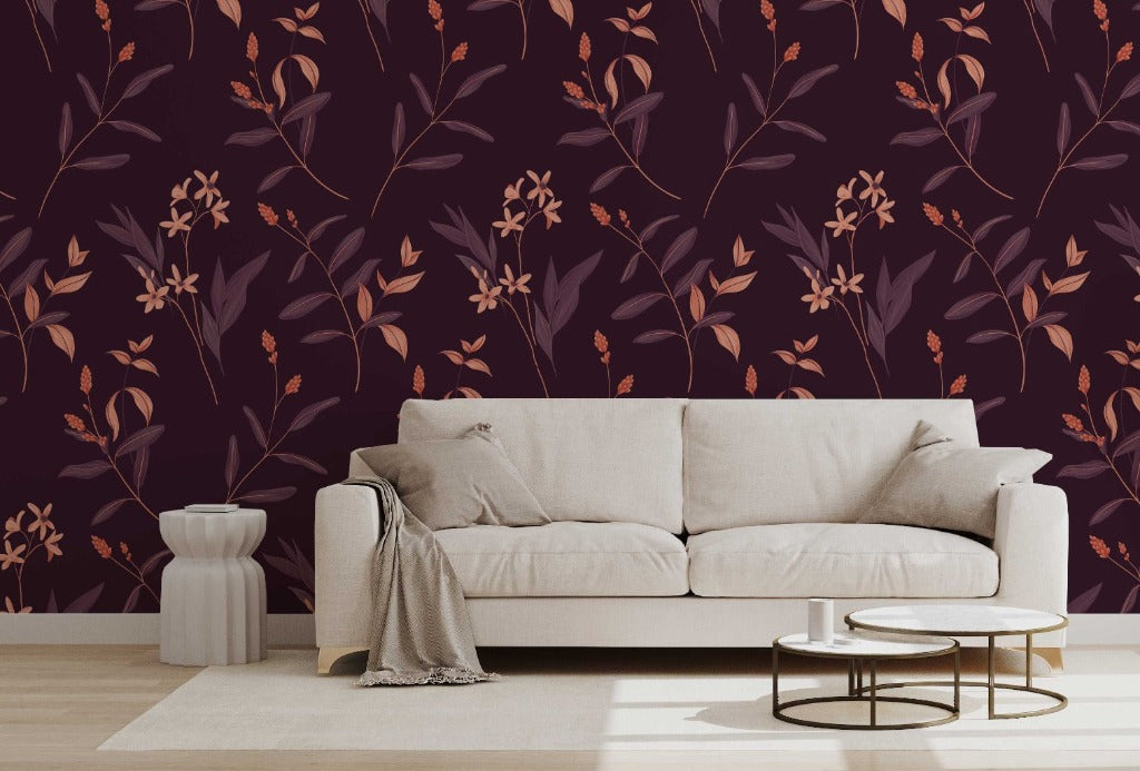 Cream sofa contrast with a dark purple wallpaper mural 