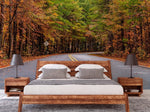 A cozy bedroom features a wooden bed with white and gray bedding, accompanied by two wooden nightstands with modern, dark lamps. The room's backdrop is a Decor2Go Wallpaper Mural of a winding path through a colorful forest called Autumn Road Wallpaper Mural, adding a touch of nature's tranquility to the space.