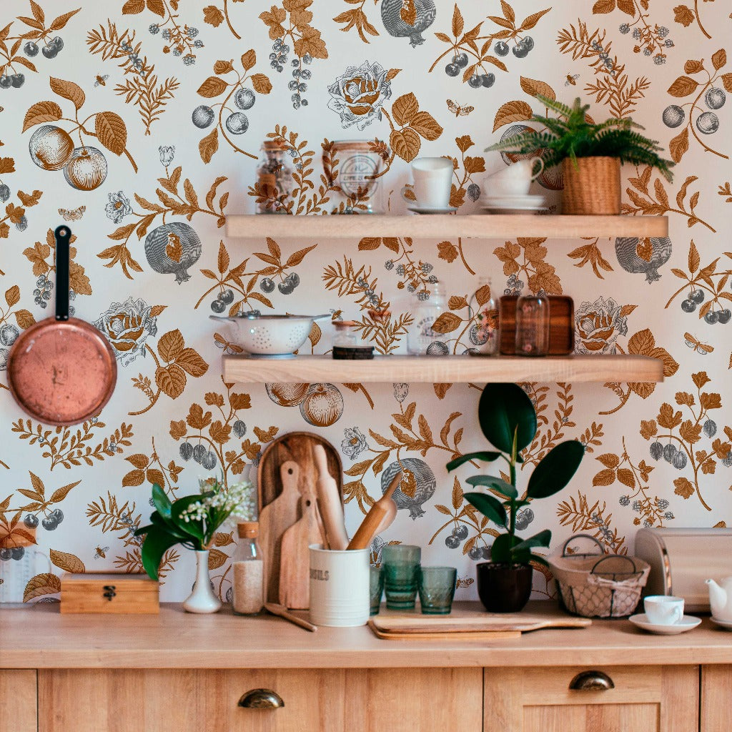 Rustic style kitchen with botanical wallpaper