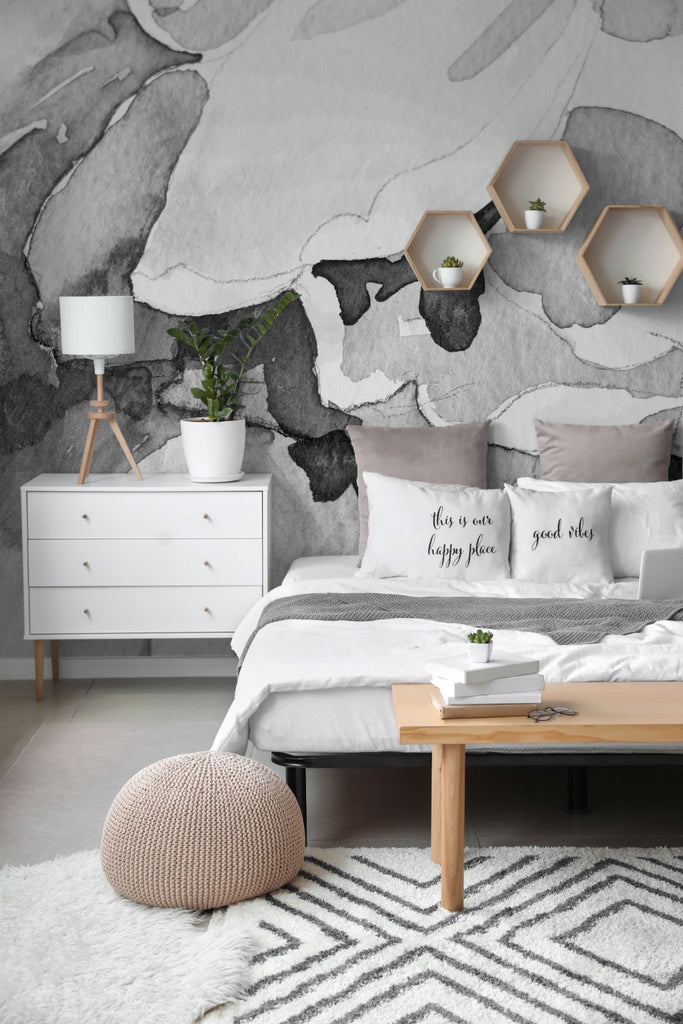 White and Minimal bedroom with watercolor mural 