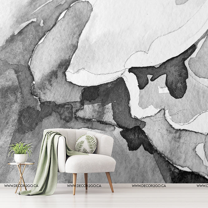 White chair with art wallpaper mural in black and white
