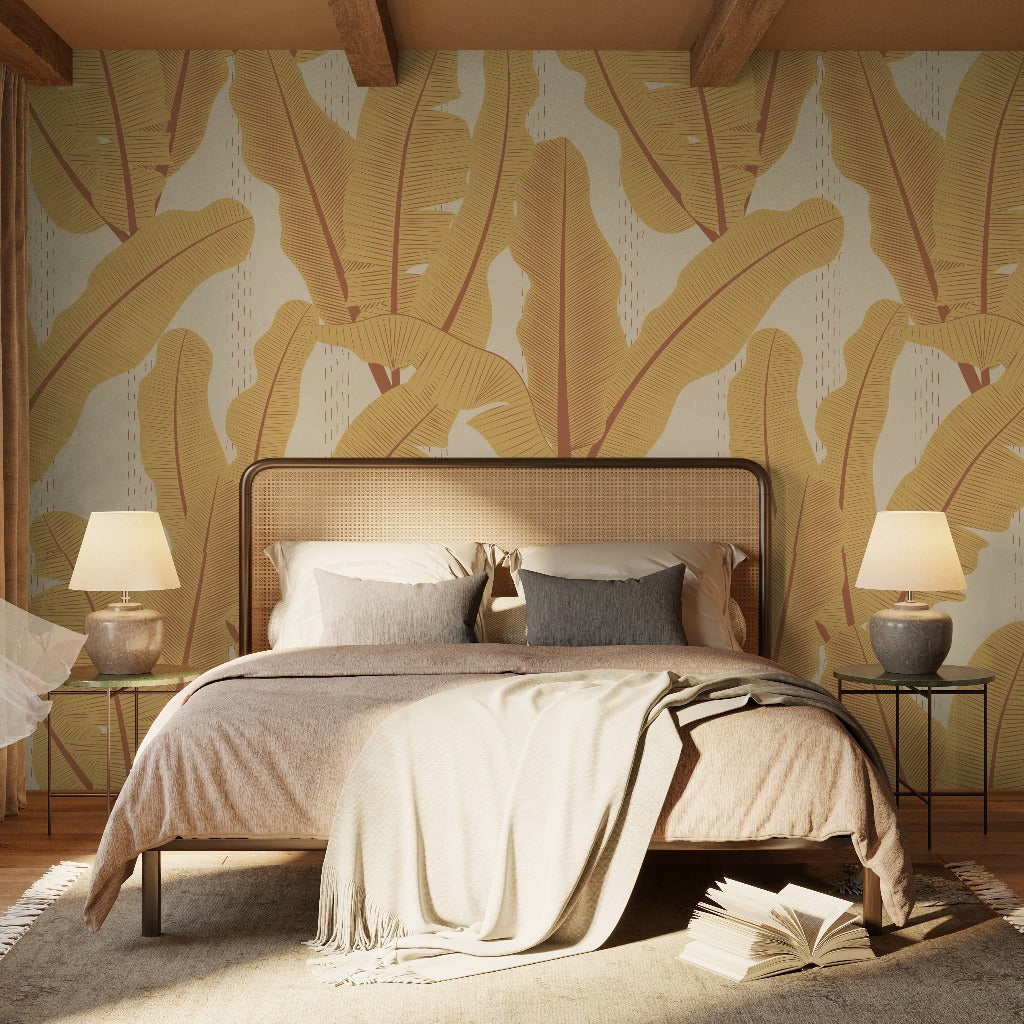 Tropical and warm vibes bedroom with big banana leaves in yellow shapes 
