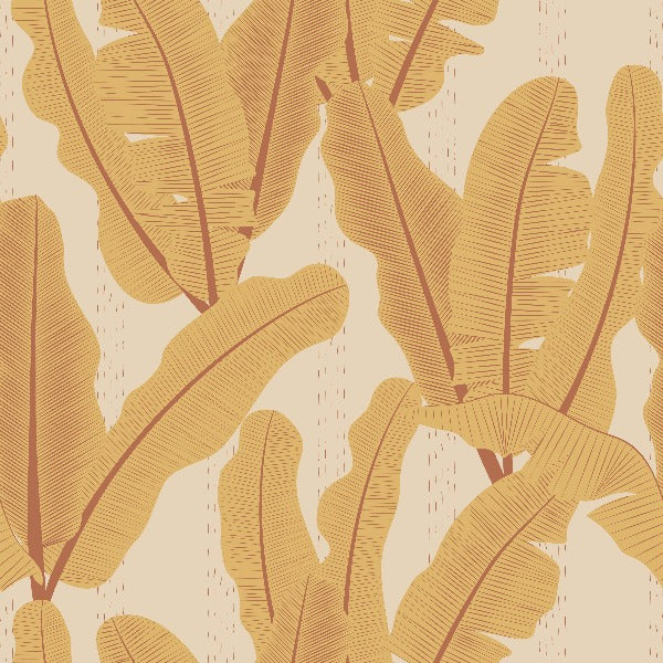 Illustration of stylized yellow and beige Tropical Palm Leaf Wallpaper Mural with detailed line textures on a light cream background by Decor2Go Wallpaper Mural.
