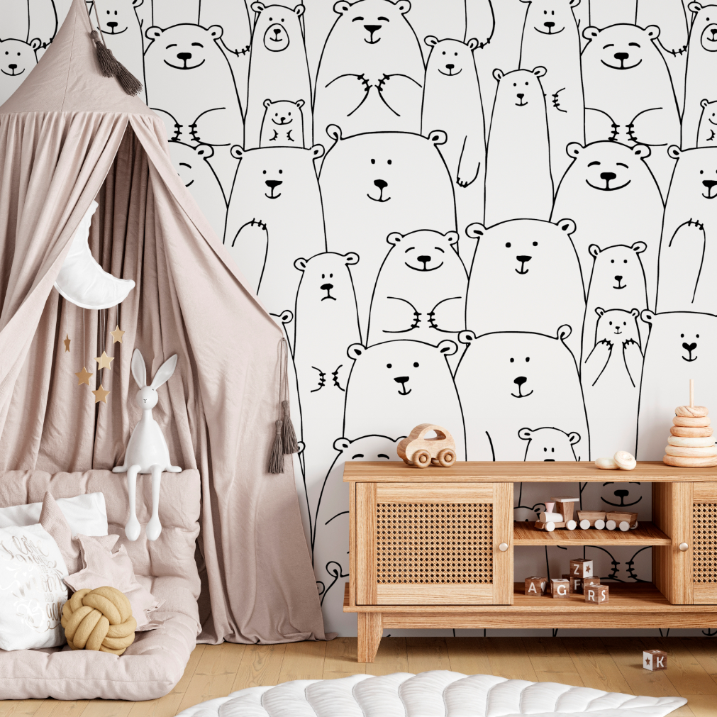 The cutest bear wallpaper mural in black and white 
