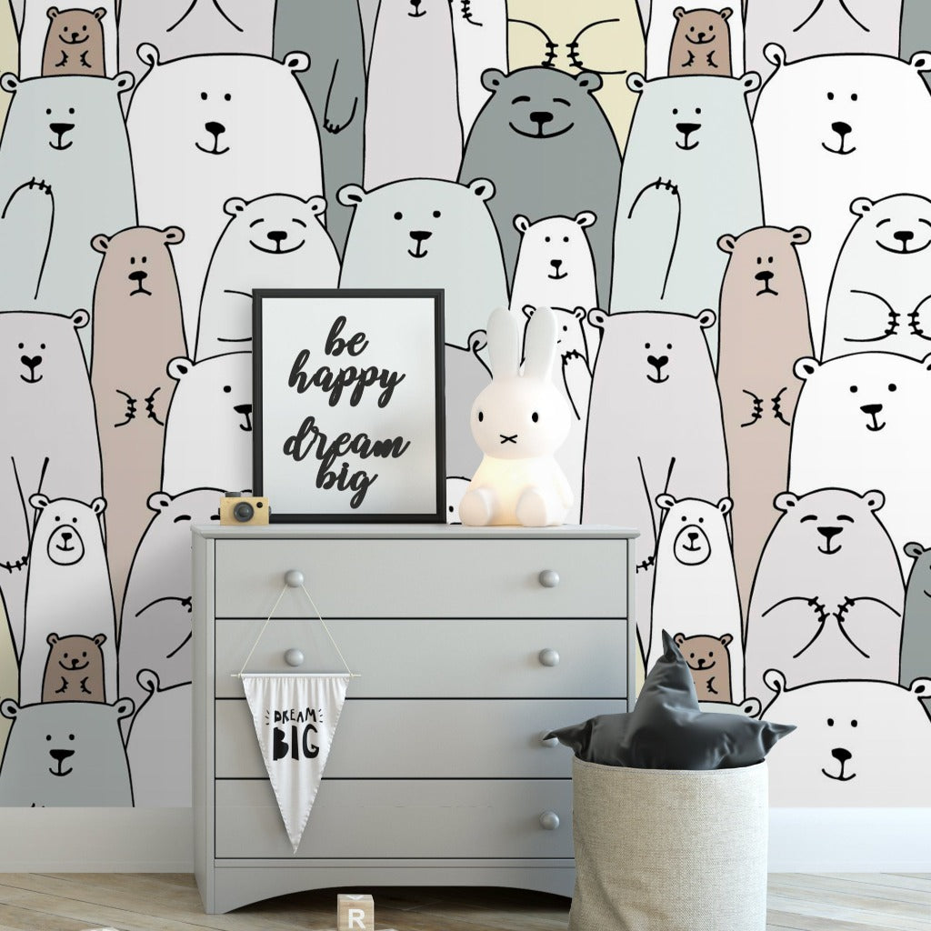 Nursery room with a warm and cute wallpaper mural with bears