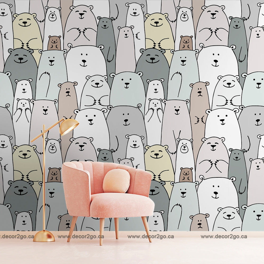 Pink chair with accent wallpaper with bears in different colors and sizes 