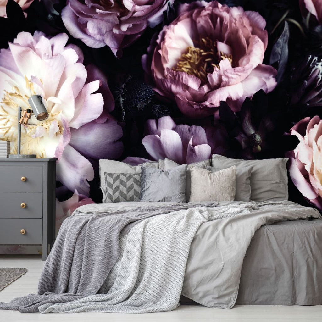 Luxury bedroom with dark peonies floral wallpaper