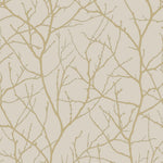 The Beige & Gold Trees Silhouette Wallpaper by York Wallcoverings displays a pattern of bare, branching twigs in light brown on a cream background with subtle metallic accents, part of the Modern Metals Collection, featuring symmetrical and evenly distributed design.