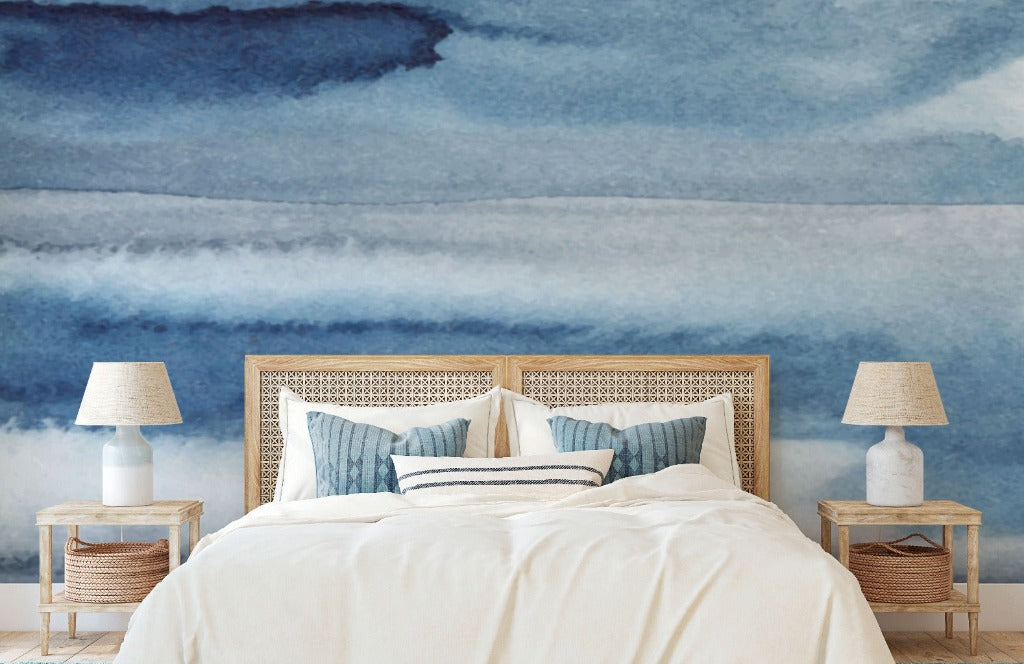 Bedroom with a relaxing blue wallpaper 