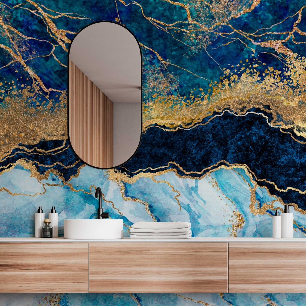 Luxury bathroom with blue and wall stone wallpaper mural 