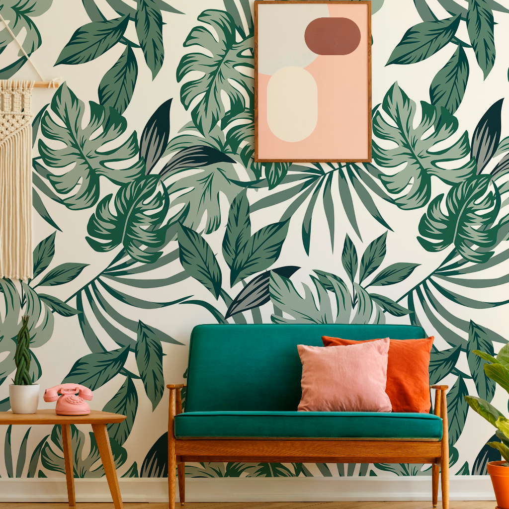 Big Green Leaves Wallpaper Mural in living room