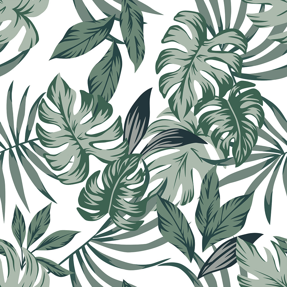 A seamless Decor2Go Wallpaper Mural featuring various types of Big Green Leaves on a white background, emphasizing lush and detailed foliage with a dynamic arrangement.
