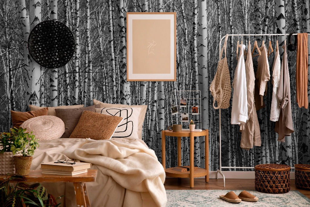 Boho retro bedroom style with birch forest wallpaper