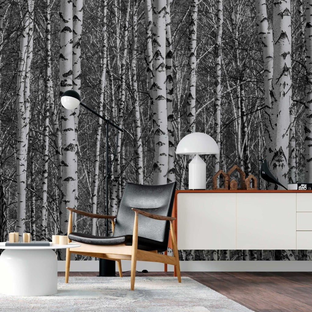 Minimal Living Room with a birch forest wallpaper on the backwround 