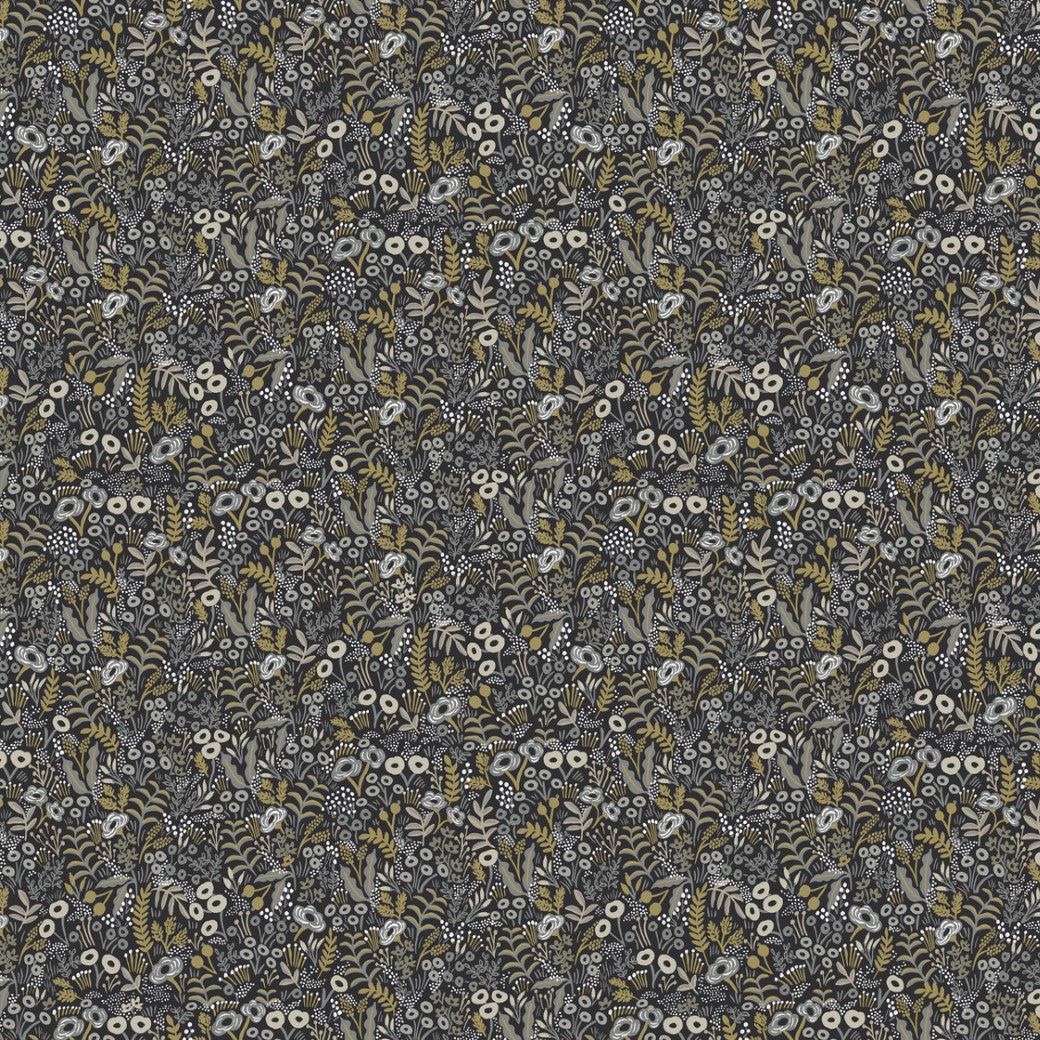 York's Black/Beige Tapestry Wallpaper features a complex, repeating pattern of small white, yellow, and gray flowers and leaves on a dark background.