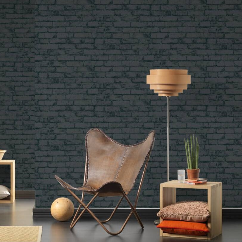 Living Room with rustic brick wallpaper